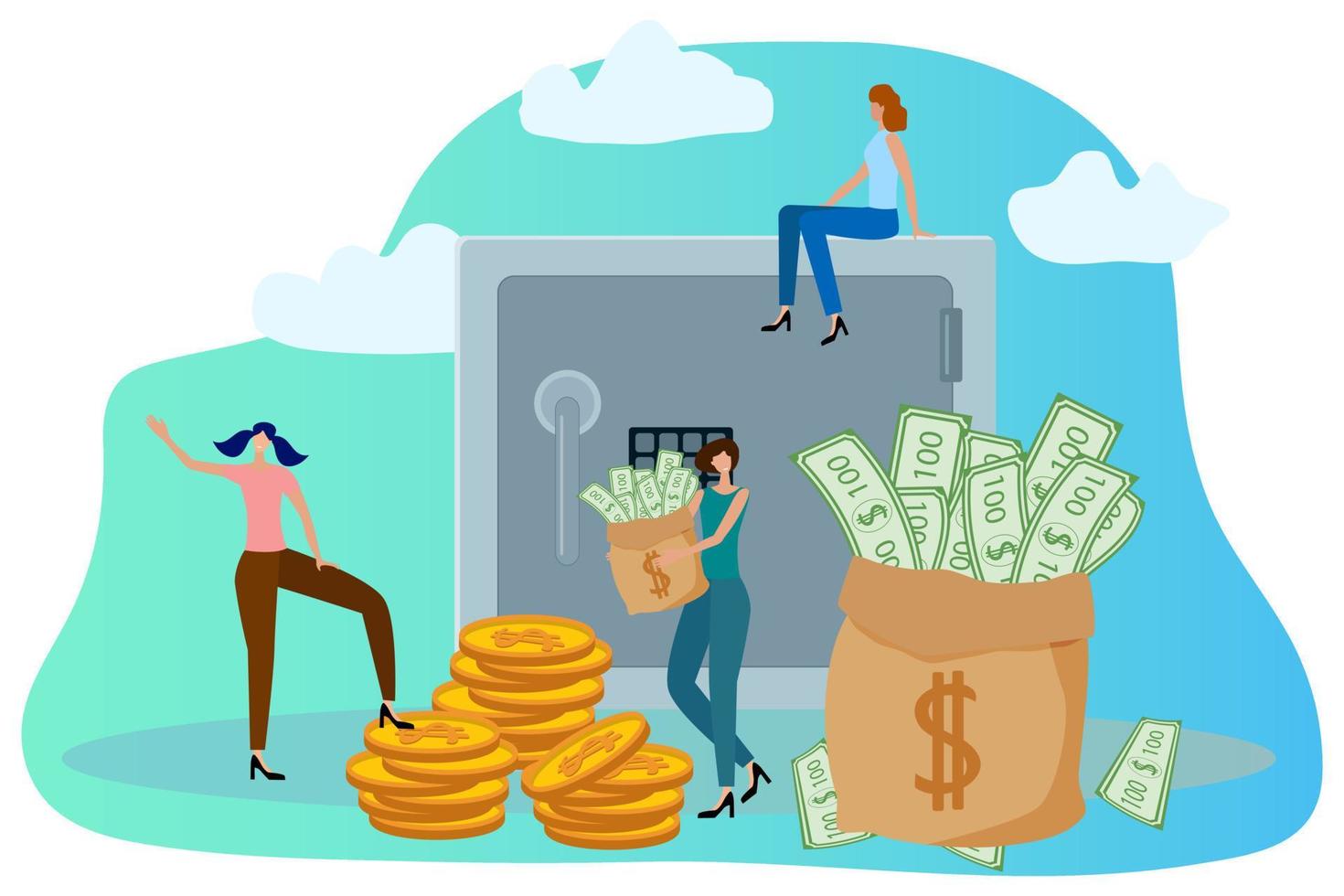 People with a Bank safe and a bag of money and coins. The concept of money safety .Flat vector illustration.