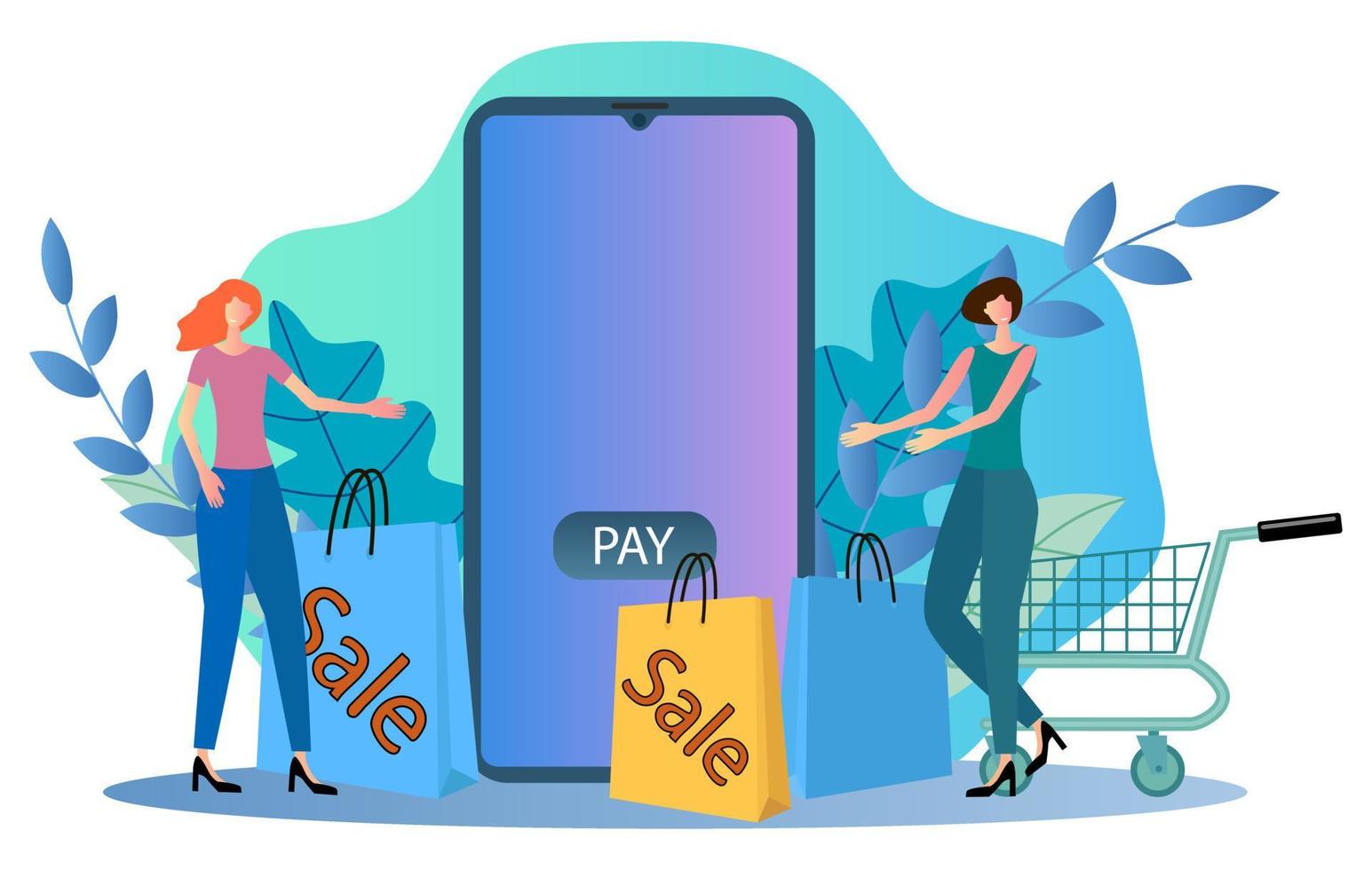 People, packages from the sale cart and a smartphone with an app.Concept of trading , sales through the mobile app.Flat vector illustration.