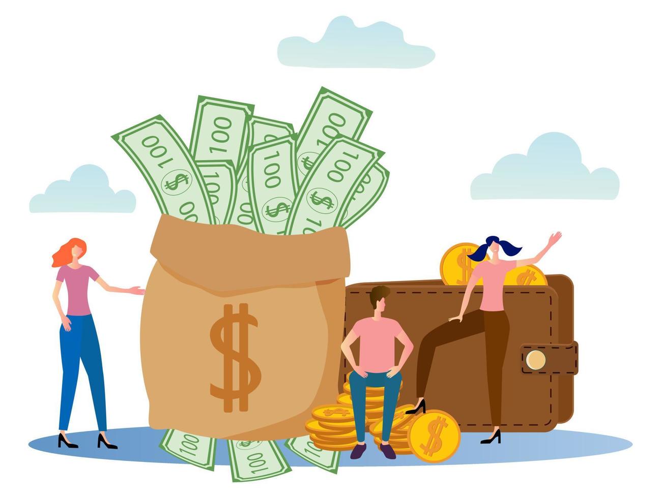 A bag of money, a purse and coins next to people. Concept of financial operations. Flat vector illustration.