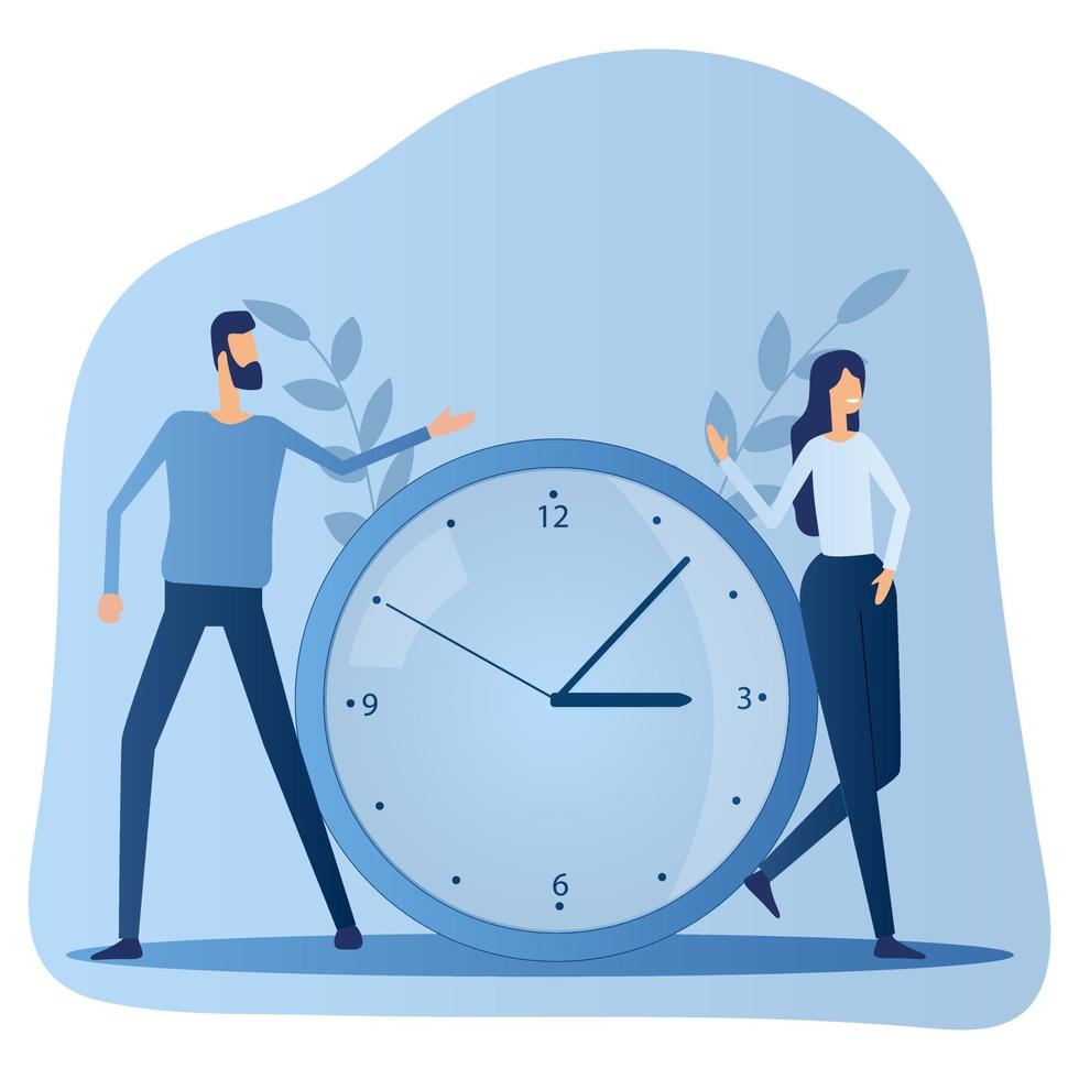 A man and a woman near a large clock .Concept of time saving and time management.Flat vector illustration.