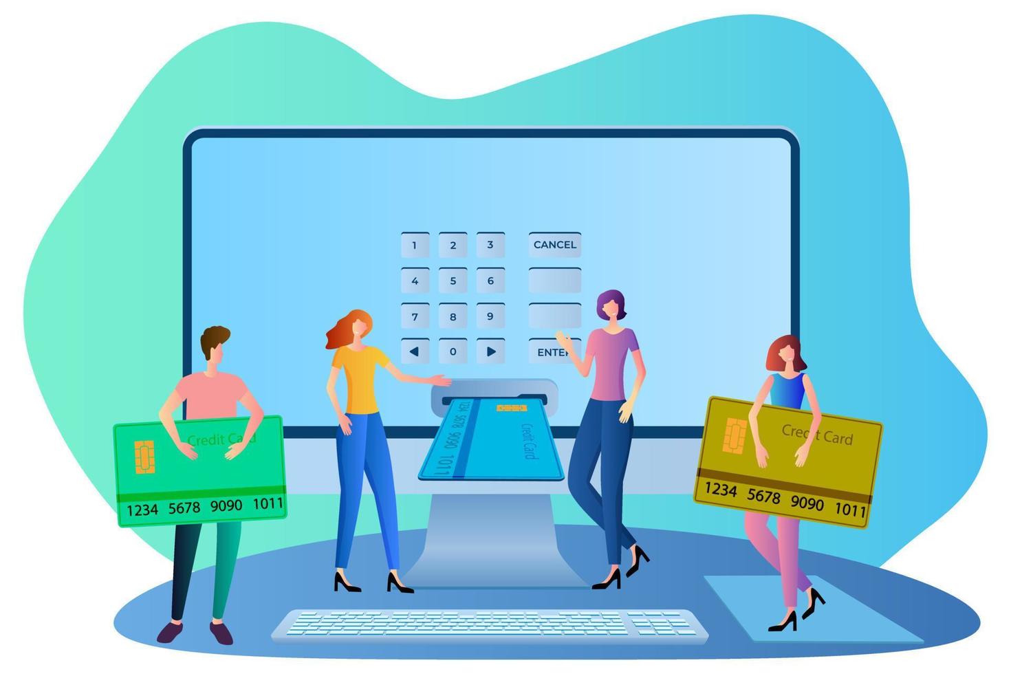 Online payments.Computer and people with credit cards.Quick financial transfers.The concept of the online Bank.Flat vector illustration.