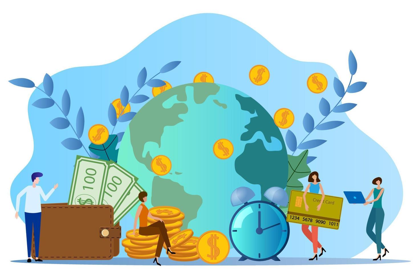 Worldwide transfer of Bank funds.People on the background of the globe are engaged in the transfer of funds.Business and management.Time zone.Flat vector illustration.