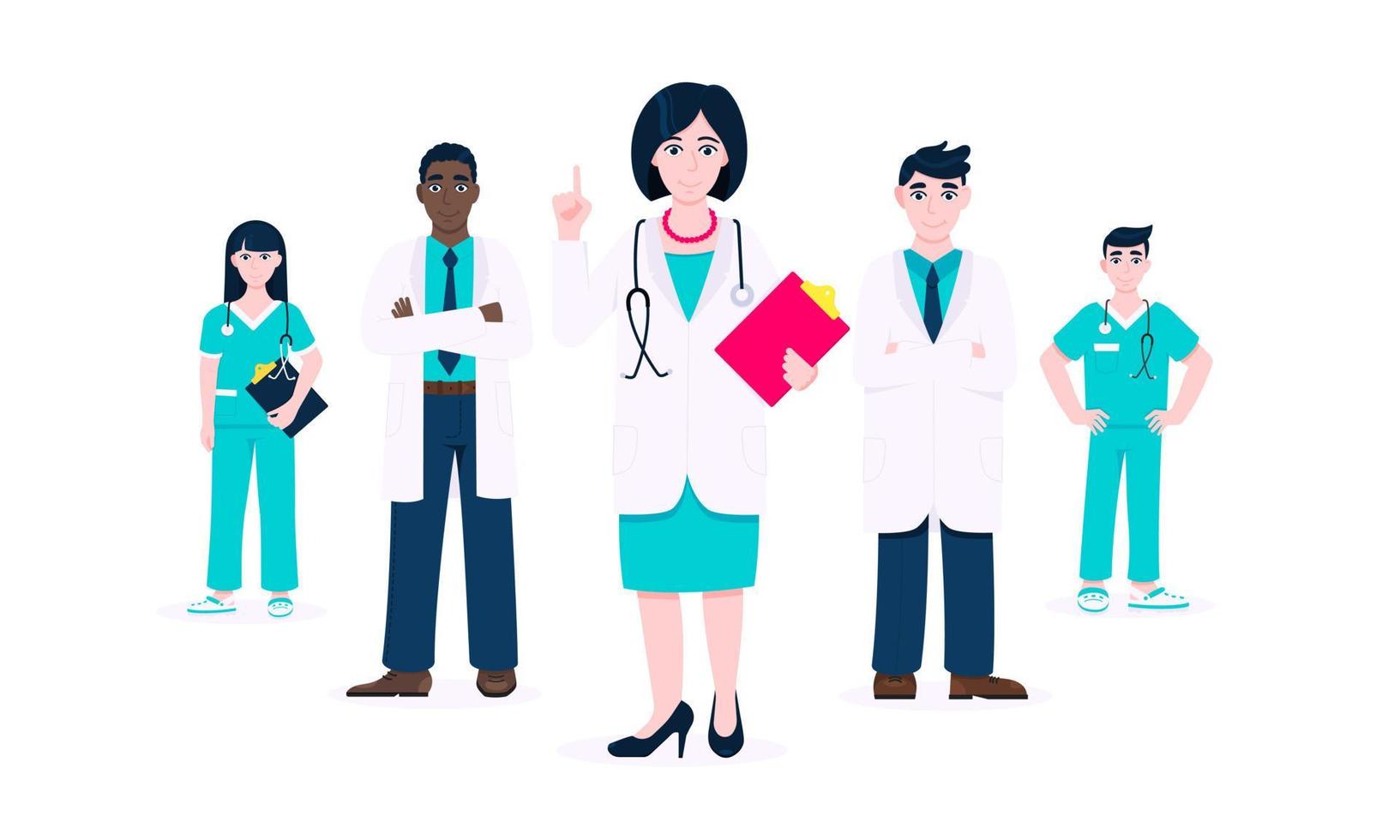 Successful doctors team of medical employee vector illustration isolated on white background.