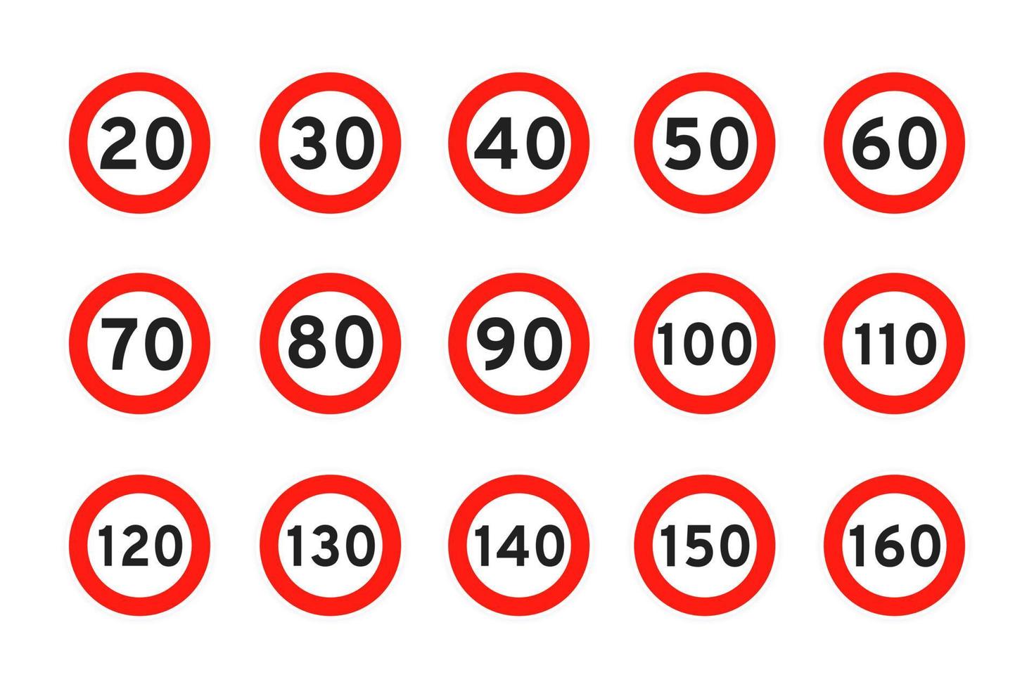 Speed limit 120, 110, 20, 30, 40, 50, 60, 70, 80, 90, 100, round road traffic icon sign flat style design vector illustration.