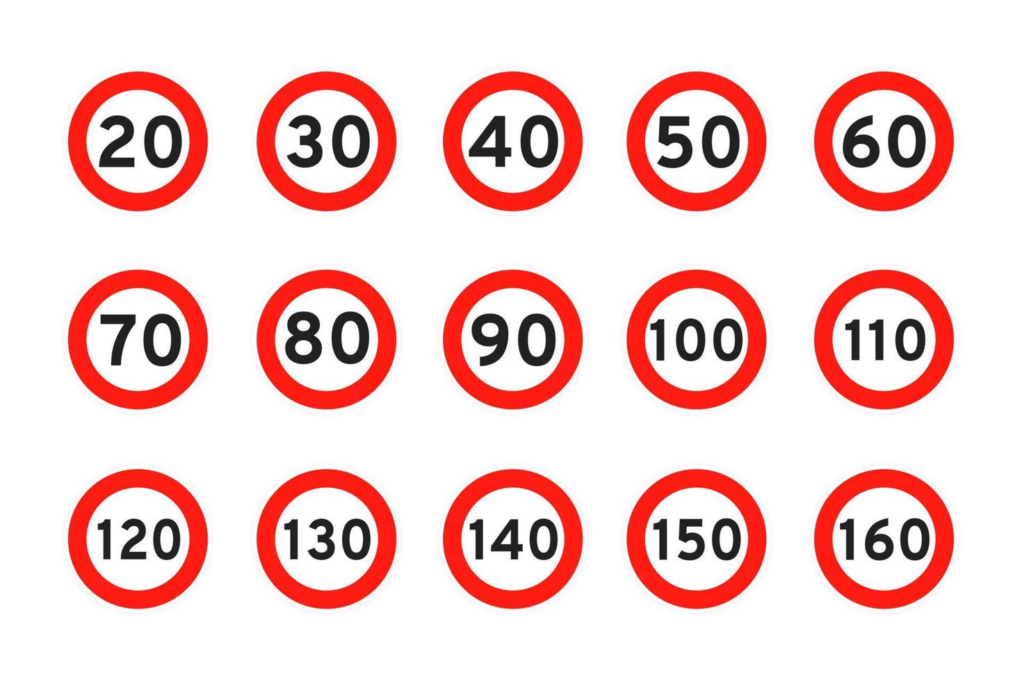 límite de velocidad 120, 110, 20, 30, 40, 50, 60, 70, 80, 90, 100, icono de tráfico de carretera redondo signo plano estilo diseño vector ilustración.