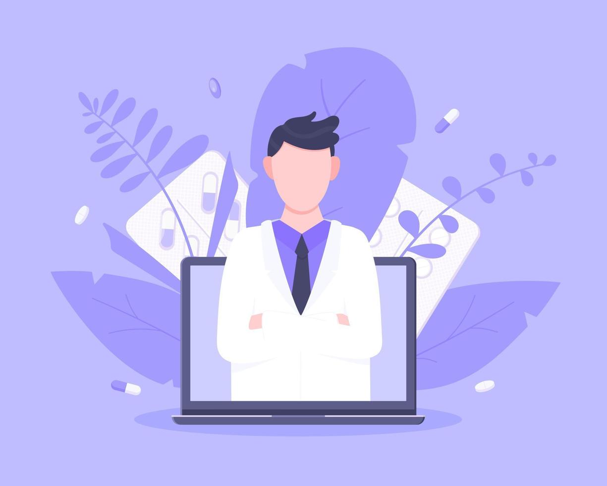 concepto de servicio médico médico en línea con médico en la ilustración de vector de computadora portátil.