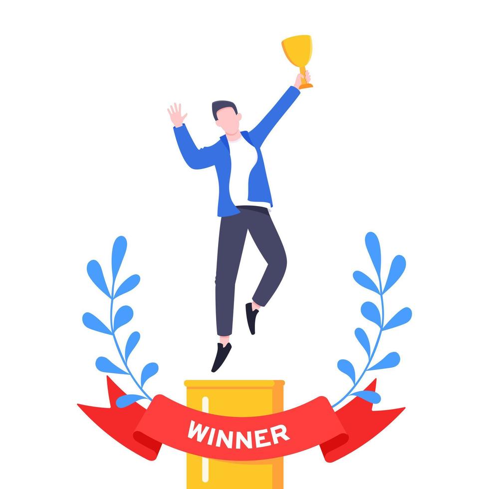 Best worker employee winner with trophy cup inside award ribbon and floral wreath flat style design vector illustration.