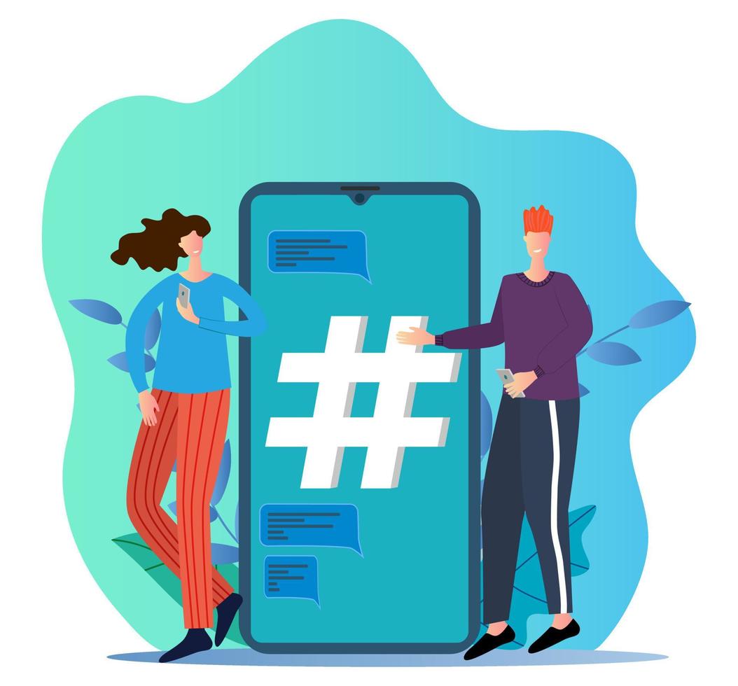 Flat vector illustration.People are standing next to a smartphone with a hashtag sign.The concept of social networks.