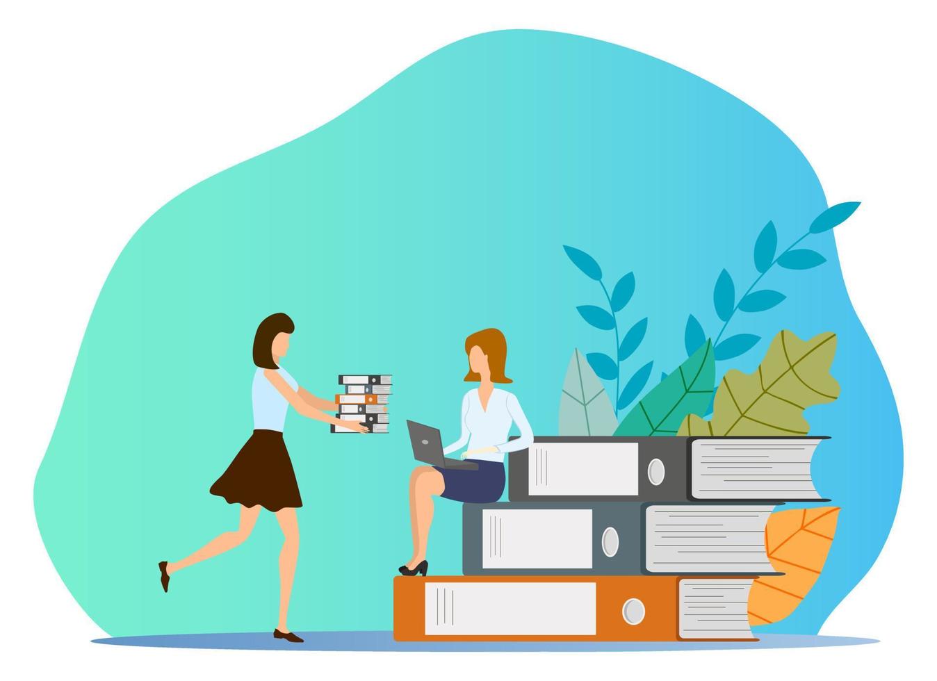Vector illustration.Two young women are engaged in office work.Concept of office work.
