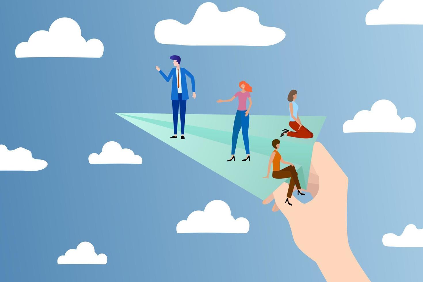 Flat vector illustration.Big hand launches a paper plane with people. The concept of starting a new project .