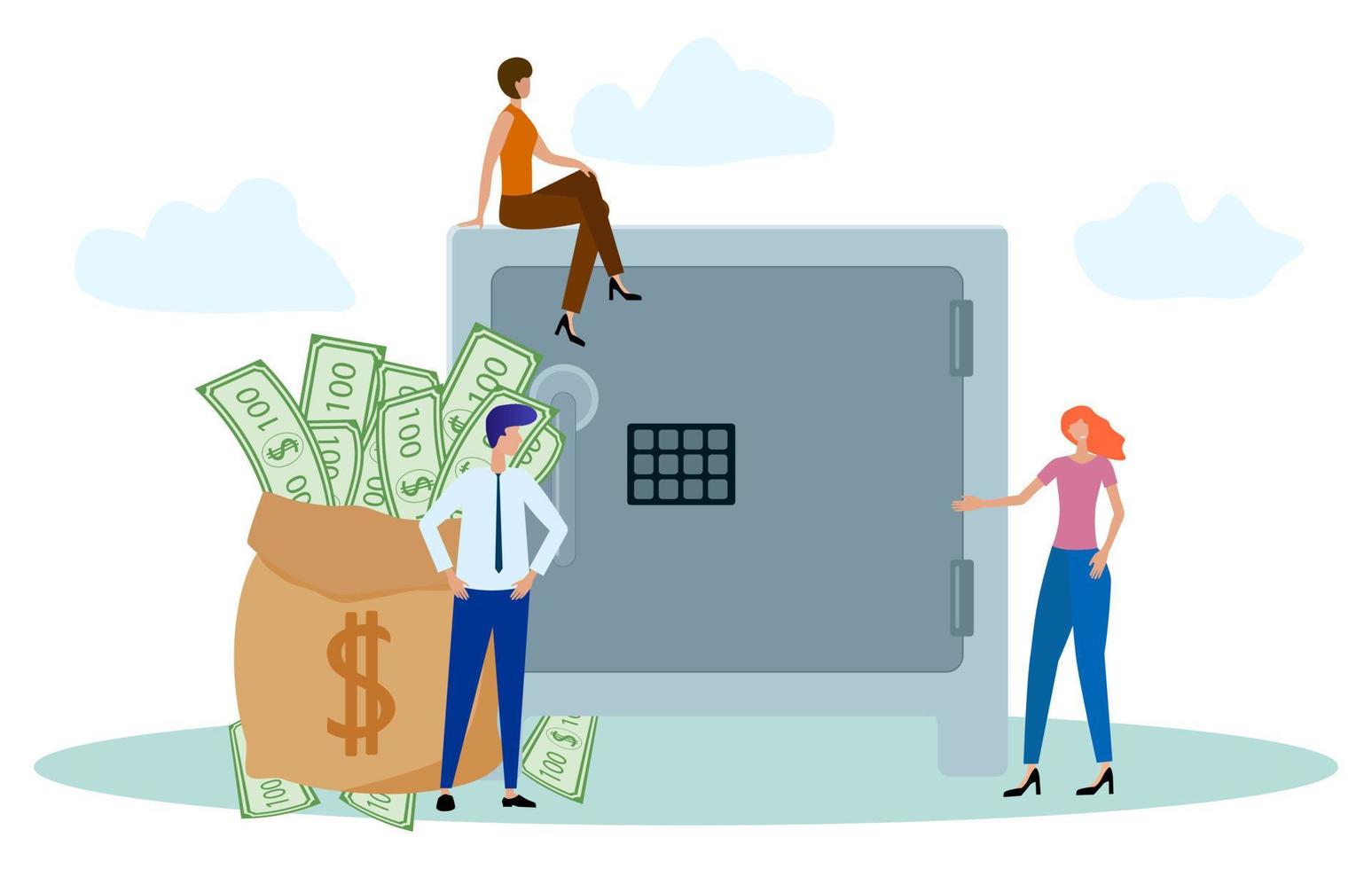 People with a Bank safe and a bag of money. The c oncept o f m oney safety .Flat vector illustration.