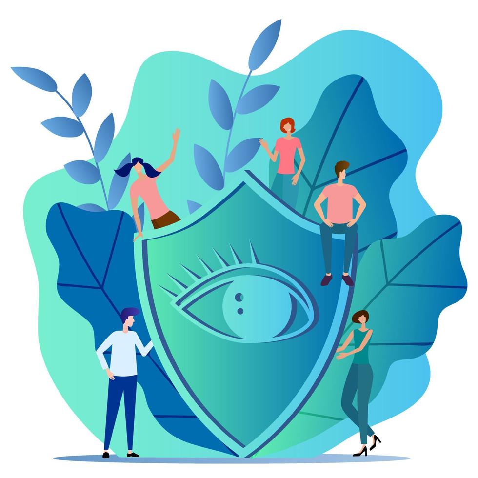 Protection of privacy.People are hiding behind a shield.Concept of privacy protection.Flat vector illustration.