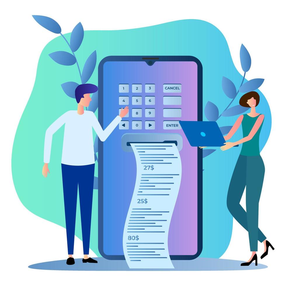 Online transaction.People received an electronic receipt using their smartphone.Concept of electronic payment invoices.Flat vector illustration.