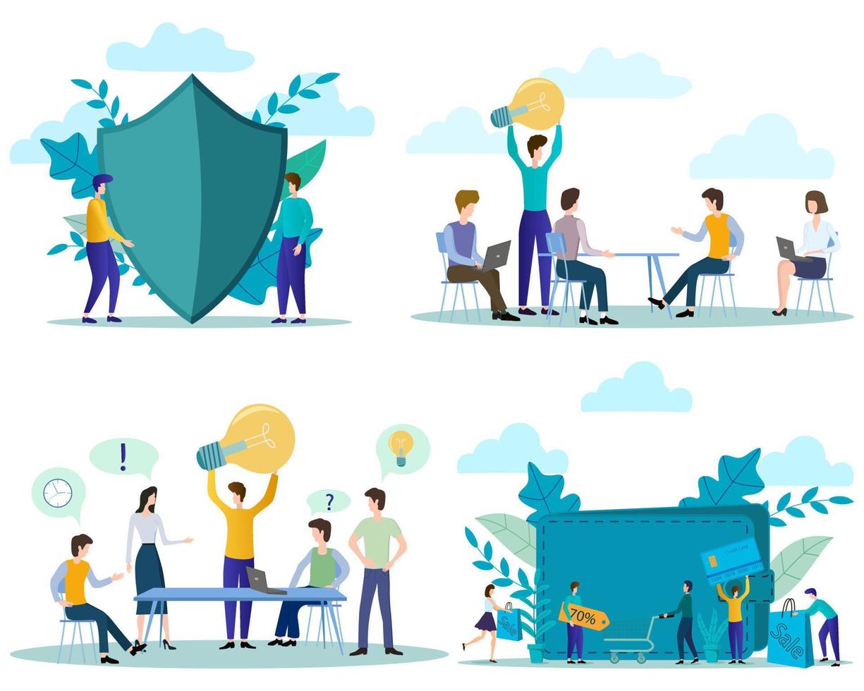 Online protection, business solution, search for ideas, sale.A set of illustrations for the design.flat vector illustration.