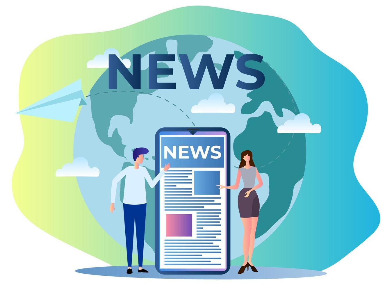 Online news and social networks.People use their smartphones to study the news.News site or banner.Flat vector illustration.