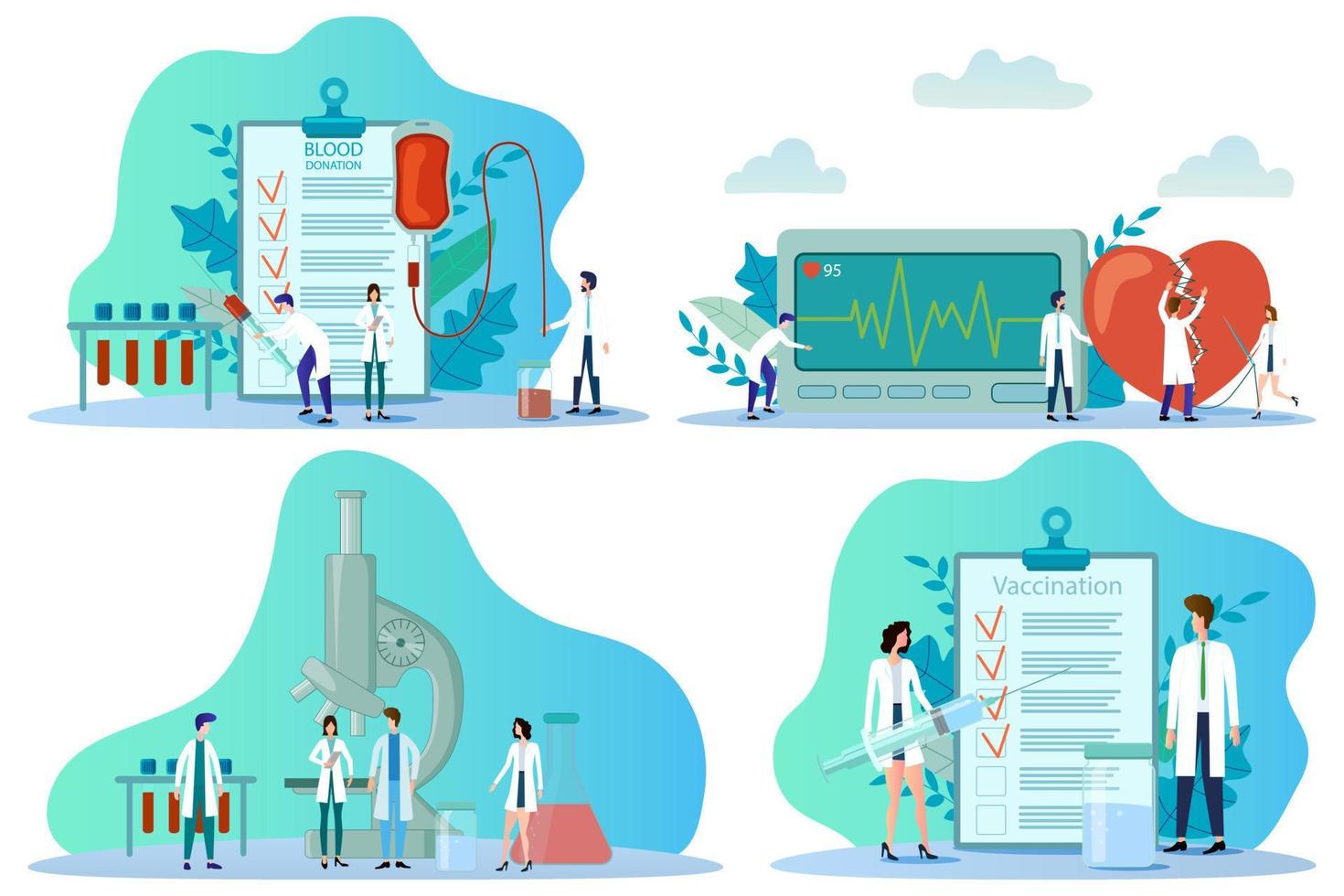 Blood donation.Prevention of heart attacks.Vaccine development.Vaccination.A set of illustrations for the design.Flat vector illustration.