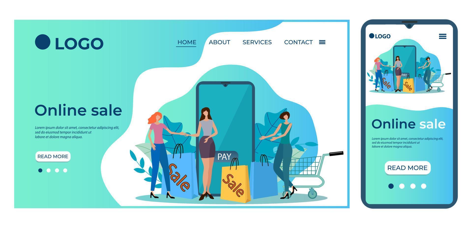 Online sale.Template for the user interface of the website's home page.Landing page template.The adaptive design of the smartphone.vector illustration. vector