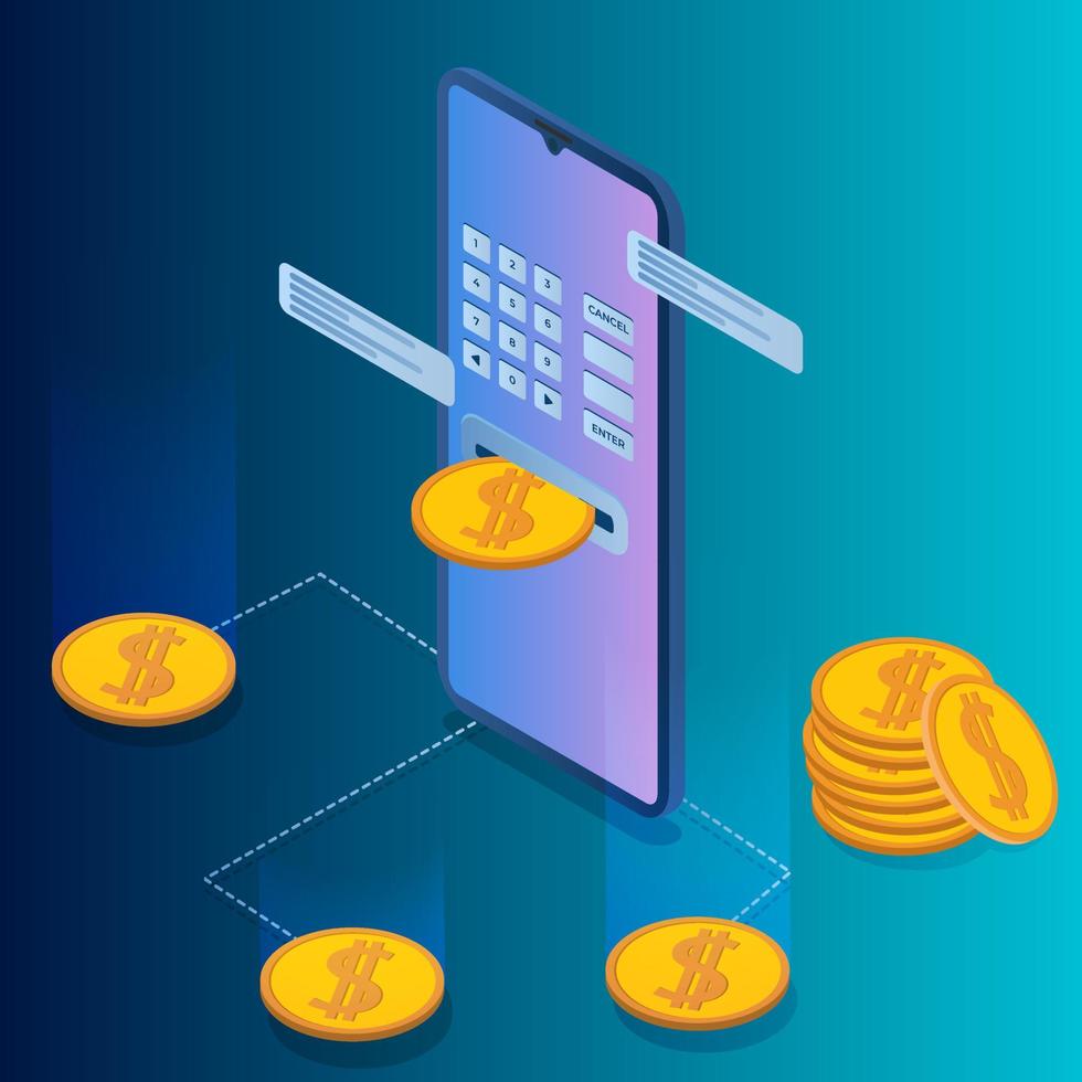 monetización de las finanzas en línea. imagen isométrica de un teléfono inteligente y monedas. el concepto de pago de servicios en línea. ilustración vectorial. vector