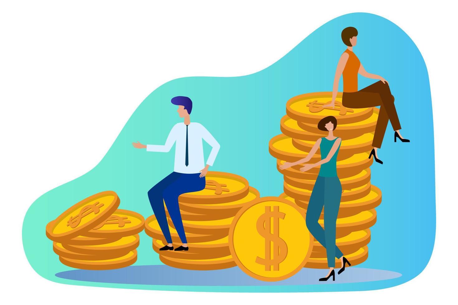 Flat vector illustration.People sitting on coins are investing in business. Business development and support concept. you can use it for a poster, banner , or web site.