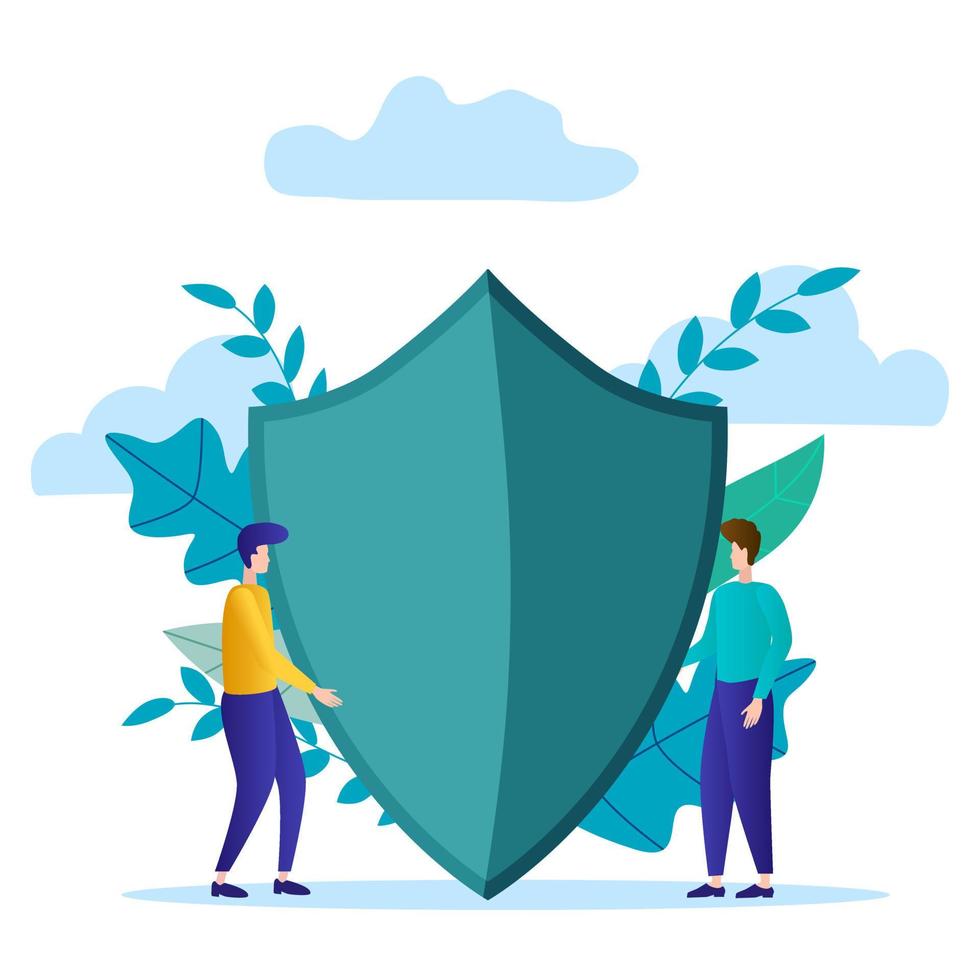 Vector illustration.Two businessmen hold a shield symbolizing protection from dangers.The concept of insurance, protection of business from dangers.