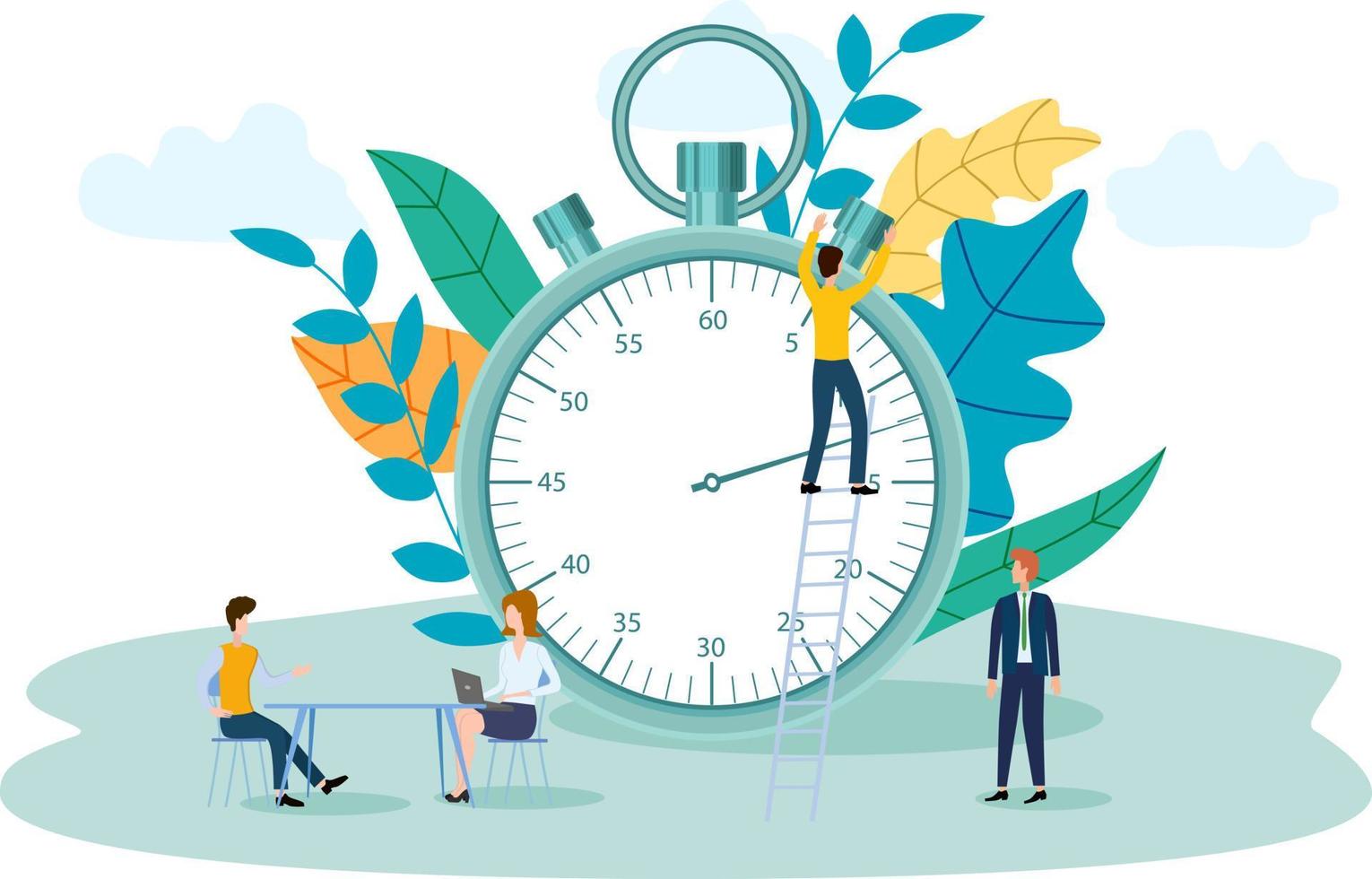 Vector illustration.Small people on the background of a large clock.The concept of task planning, time management.