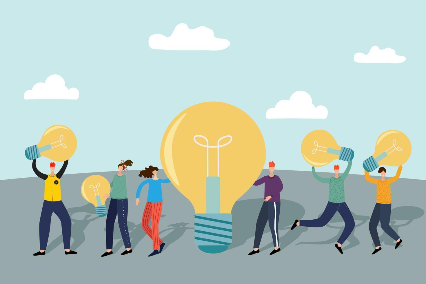Vector illustration.People hold light bulbs in their hands.The concept of joint brainstorming, searching for ideas and teamwork.