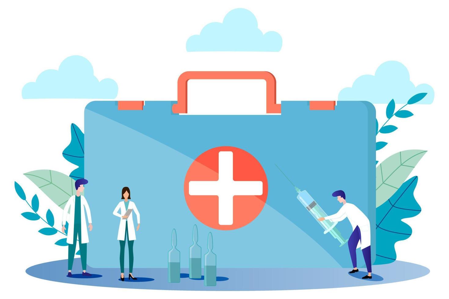 Vector illustration.People in white coats are preparing for vaccination.In the background, a medical bag and ampoules with injections.