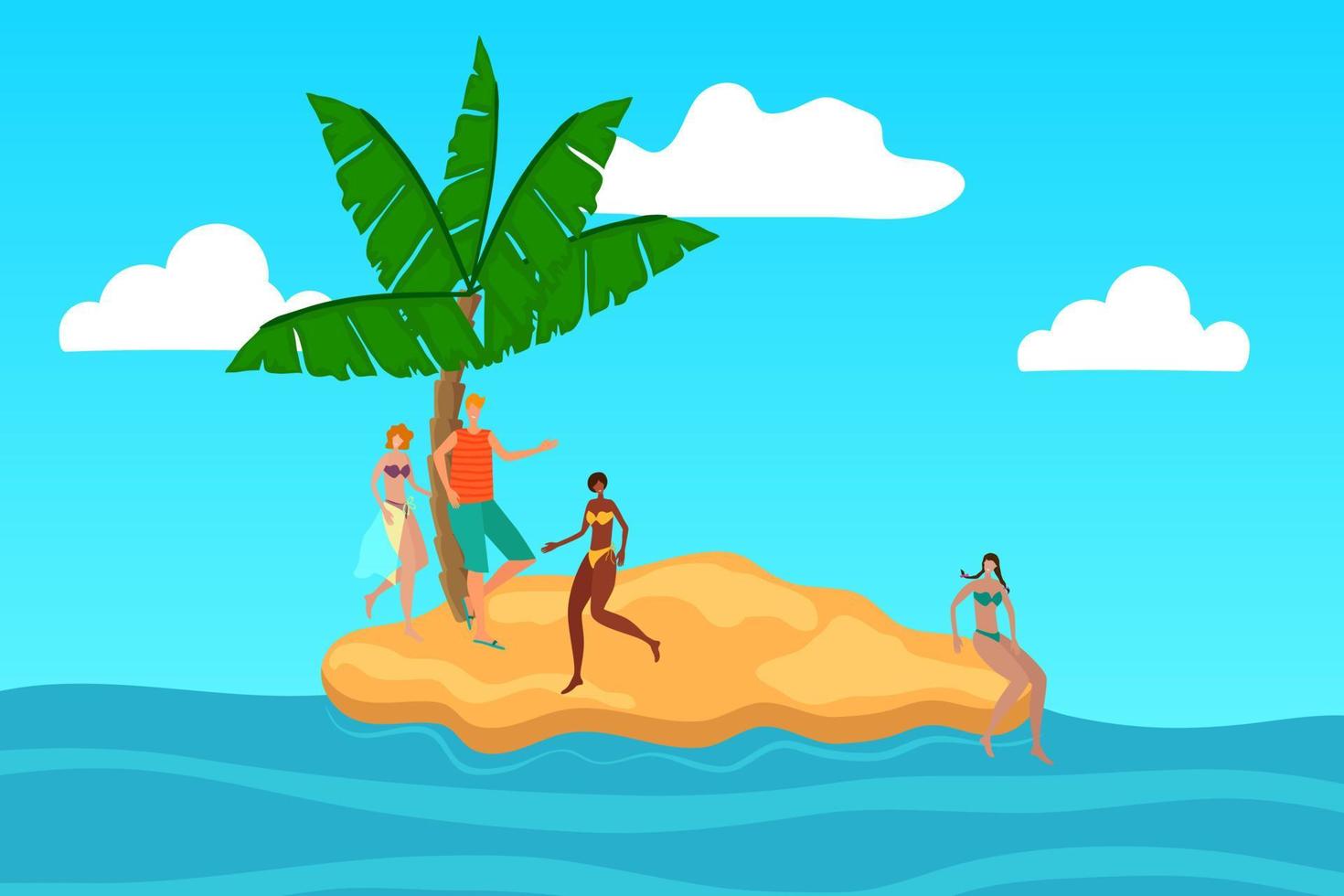 Young people have fun on the island.Beach holidays, relaxation.Flat vector illustration.