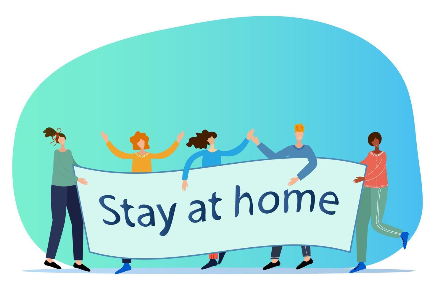 Stay at home.People hold a poster in his hands.A call to take care of yourself.Flat vector illustration.