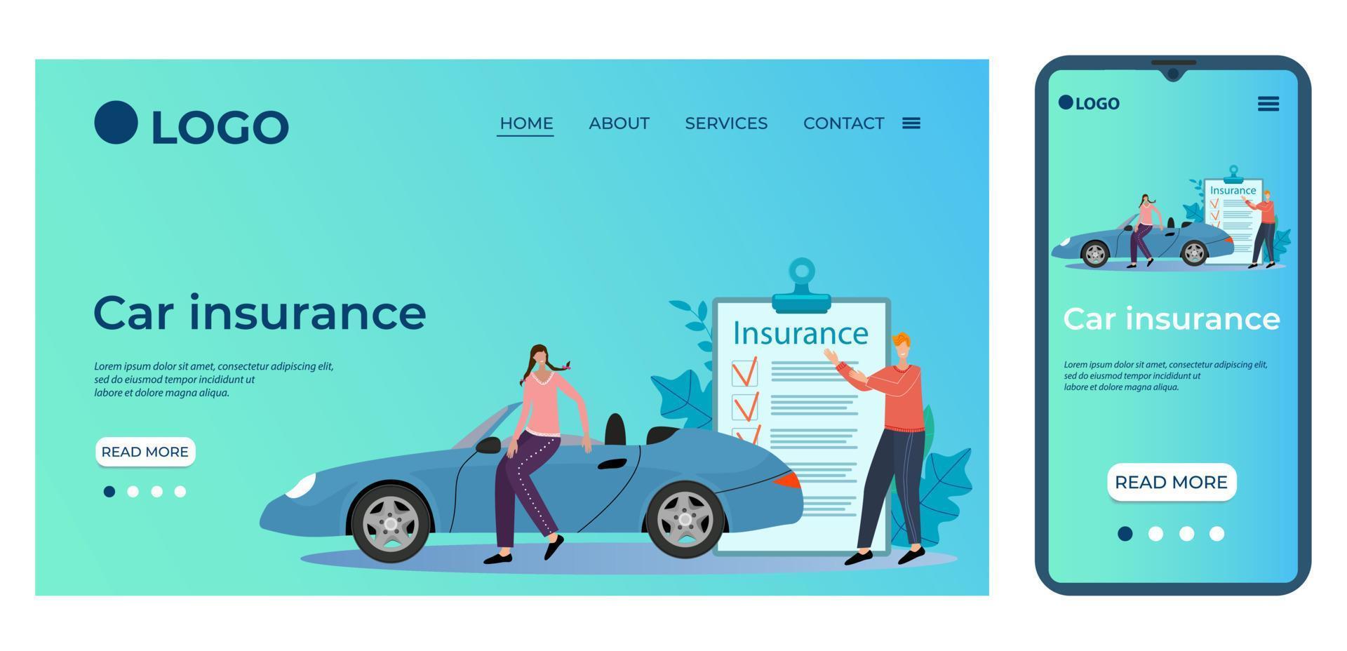 Car insurance.People and a car.Template for the user interface of the site's home page.Landing page template.The adaptive design of the smartphone.vector illustration. vector