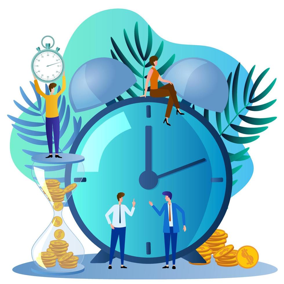 People money and watches.The concept of time management is control of the workflow.Flat vector illustration.