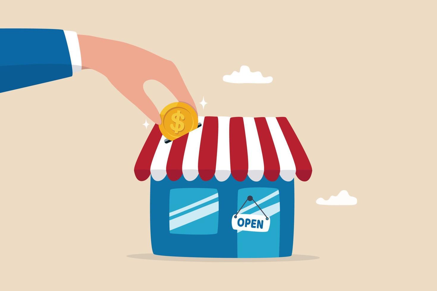 Funding small business, backing startup project or banking loan to start new business, investment or saving to open new shop concept, businessman hand funding by put coin into small business store. vector