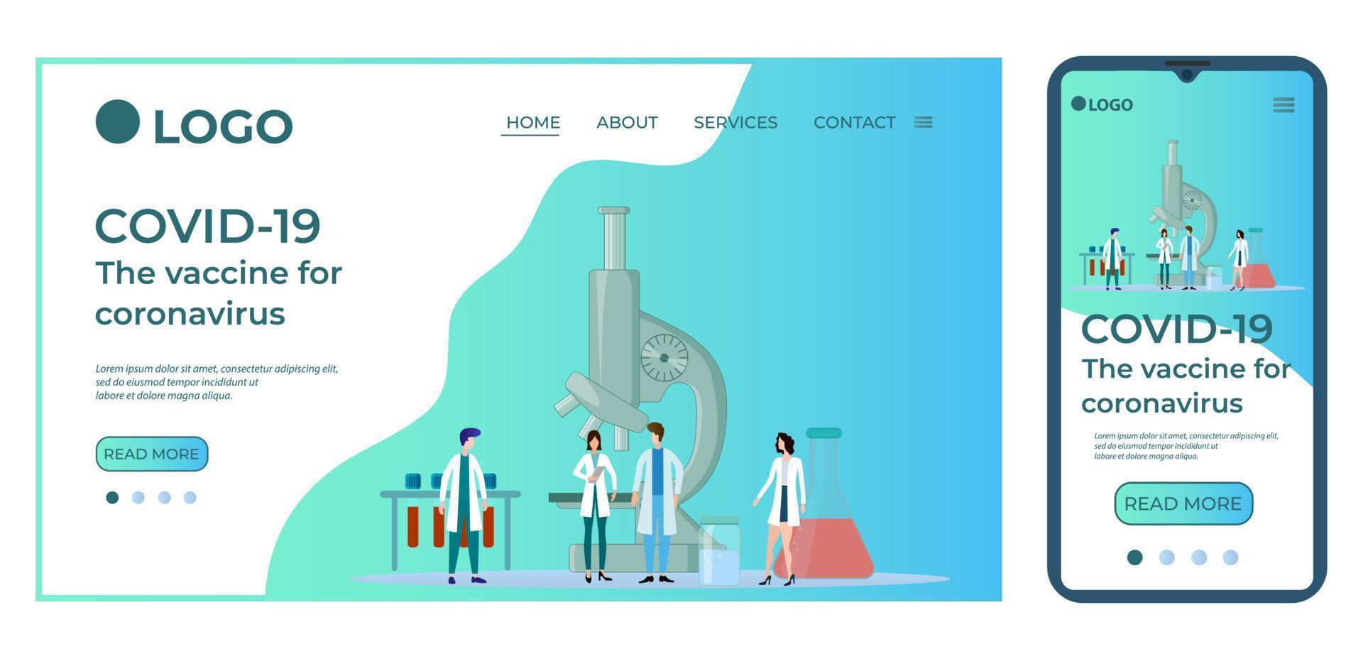 la vacuna para el coronavirus covid-19.plantilla para la interfaz de usuario de la página de inicio del sitio web.plantilla de página de destino.el diseño adaptativo del teléfono inteligente.ilustración vectorial. vector