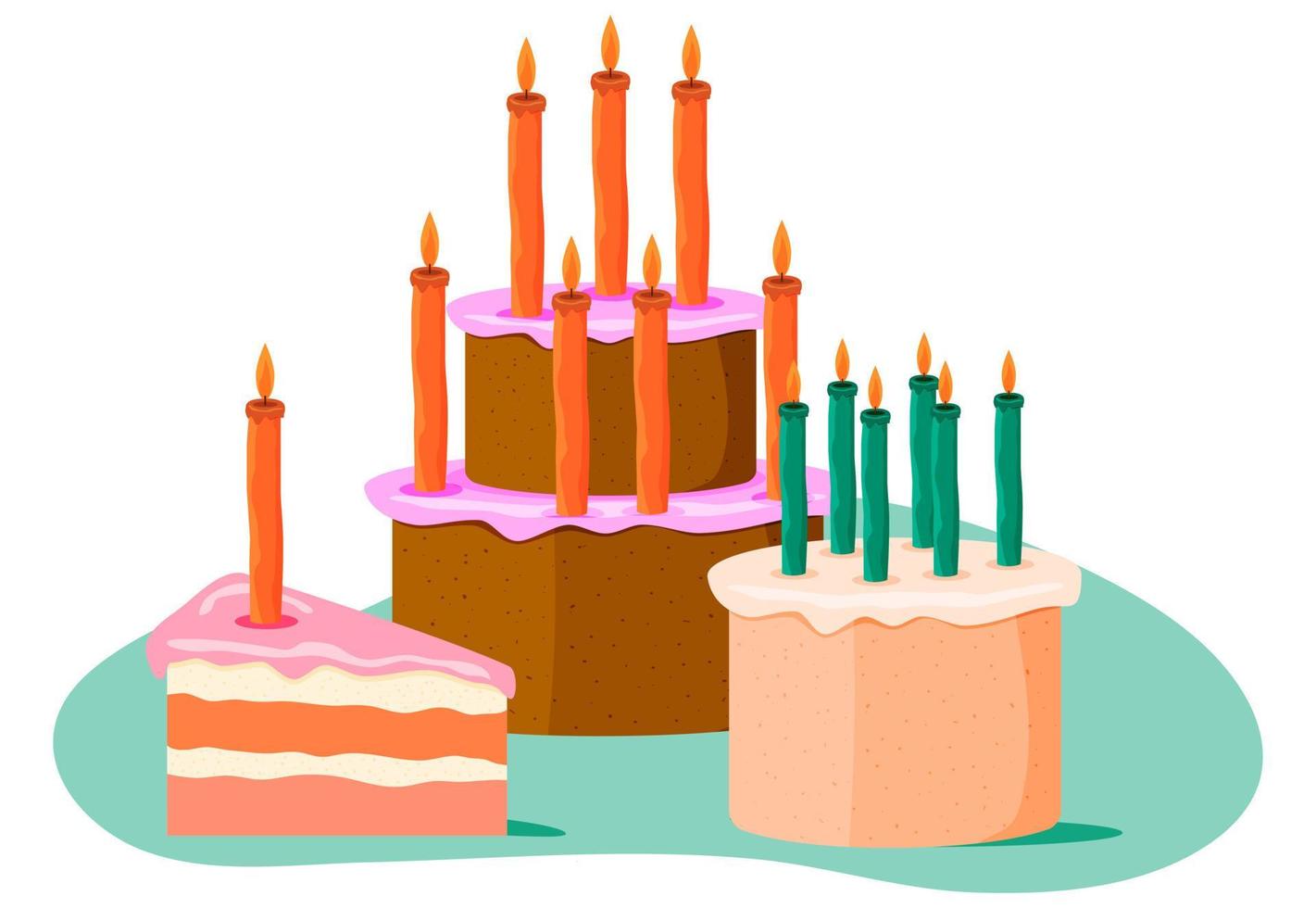 pasteles de cumpleaños. un conjunto de pasteles con velas para celebraciones de cumpleaños. ilustración vectorial. vector