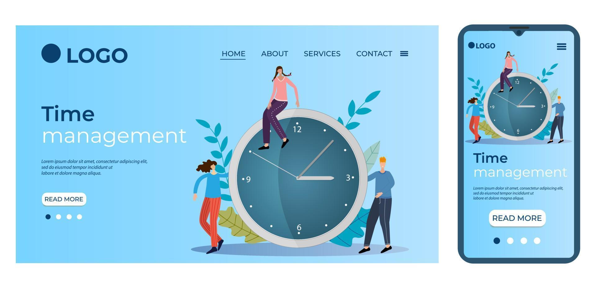 Time-management.People stand near the clock..Template for the user interface of the site's home page.Landing page template.The adaptive design of the smartphone.vector illustration. vector