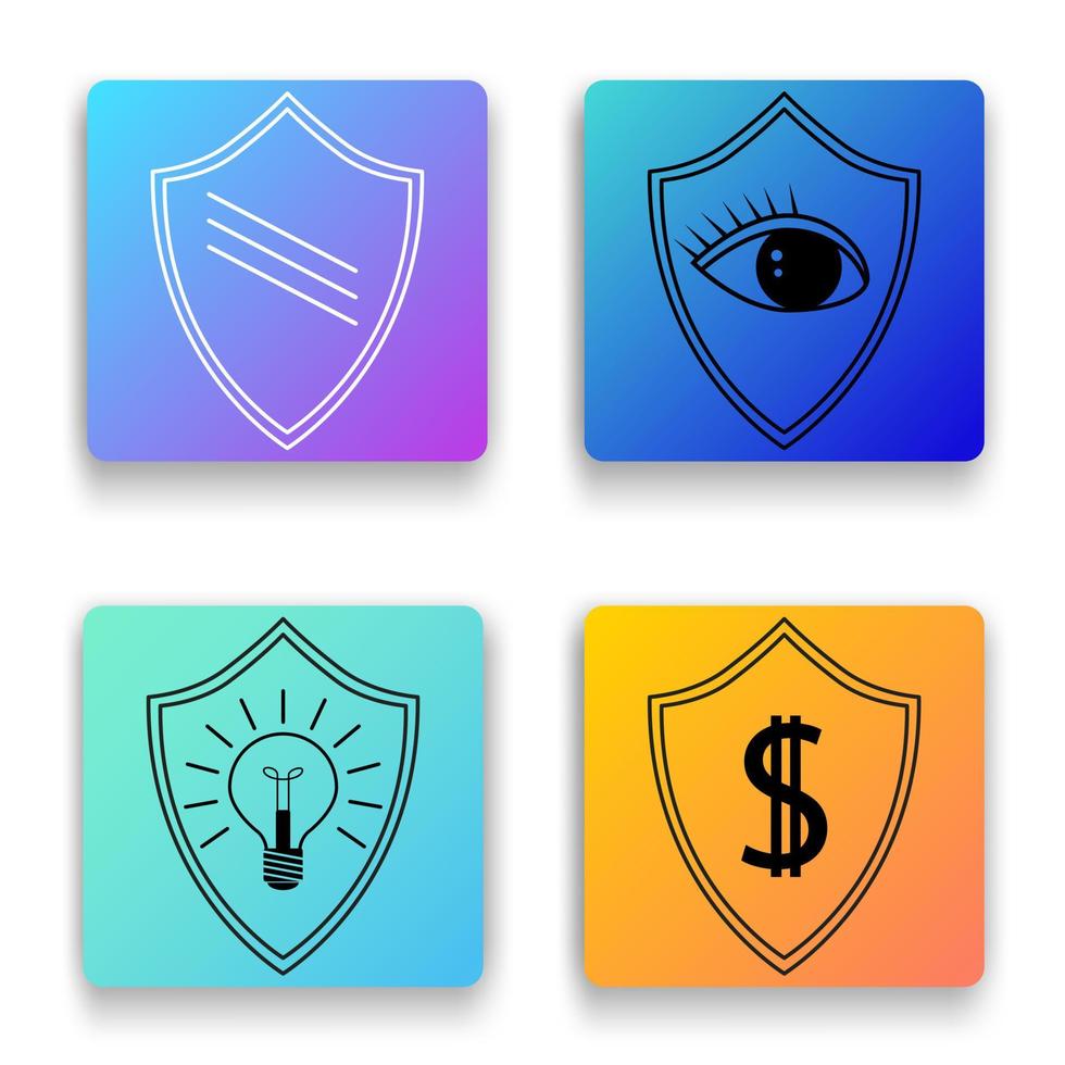 iconos de escudo.protección de depósitos bancarios, protección de la privacidad, protección de la propiedad intelectual. un conjunto de iconos planos para diseño web. ilustración vectorial. vector