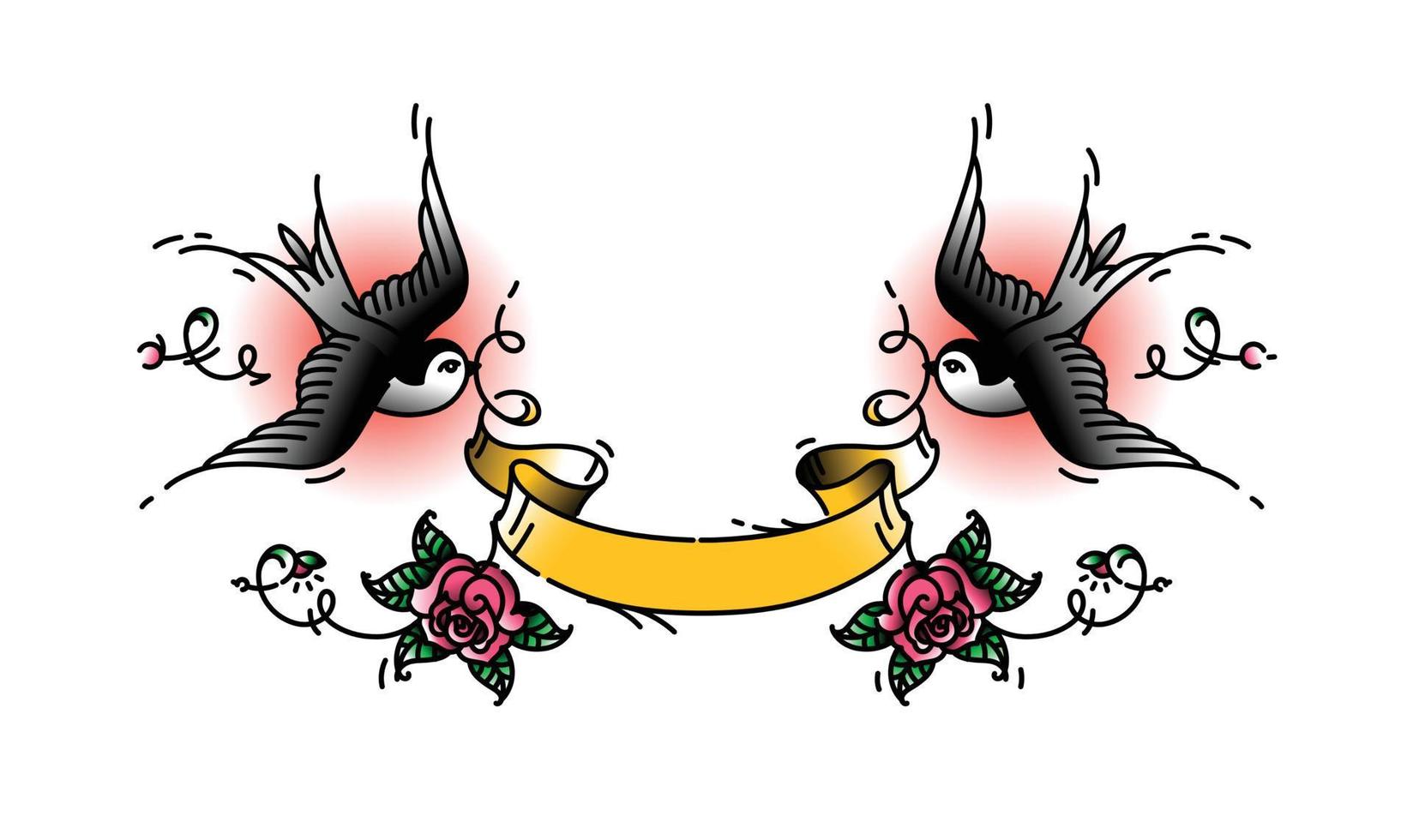 tatuaje de golondrinas con una cinta para cualquier firma. ilustración vectorial tatuaje, vieja escuela americana. dos pájaros golondrinas, con rosas. cinta amarilla para inscripciones. vector