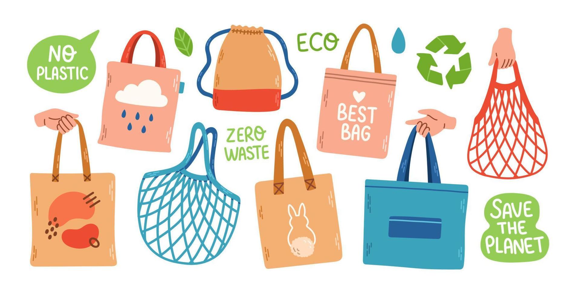 Eco package set zero waste pack string bag vector illustration