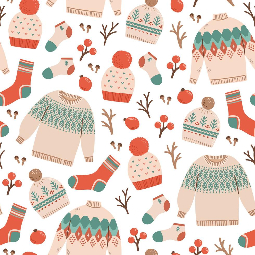 Winter sweater socks hat seamless pattern vector illustration