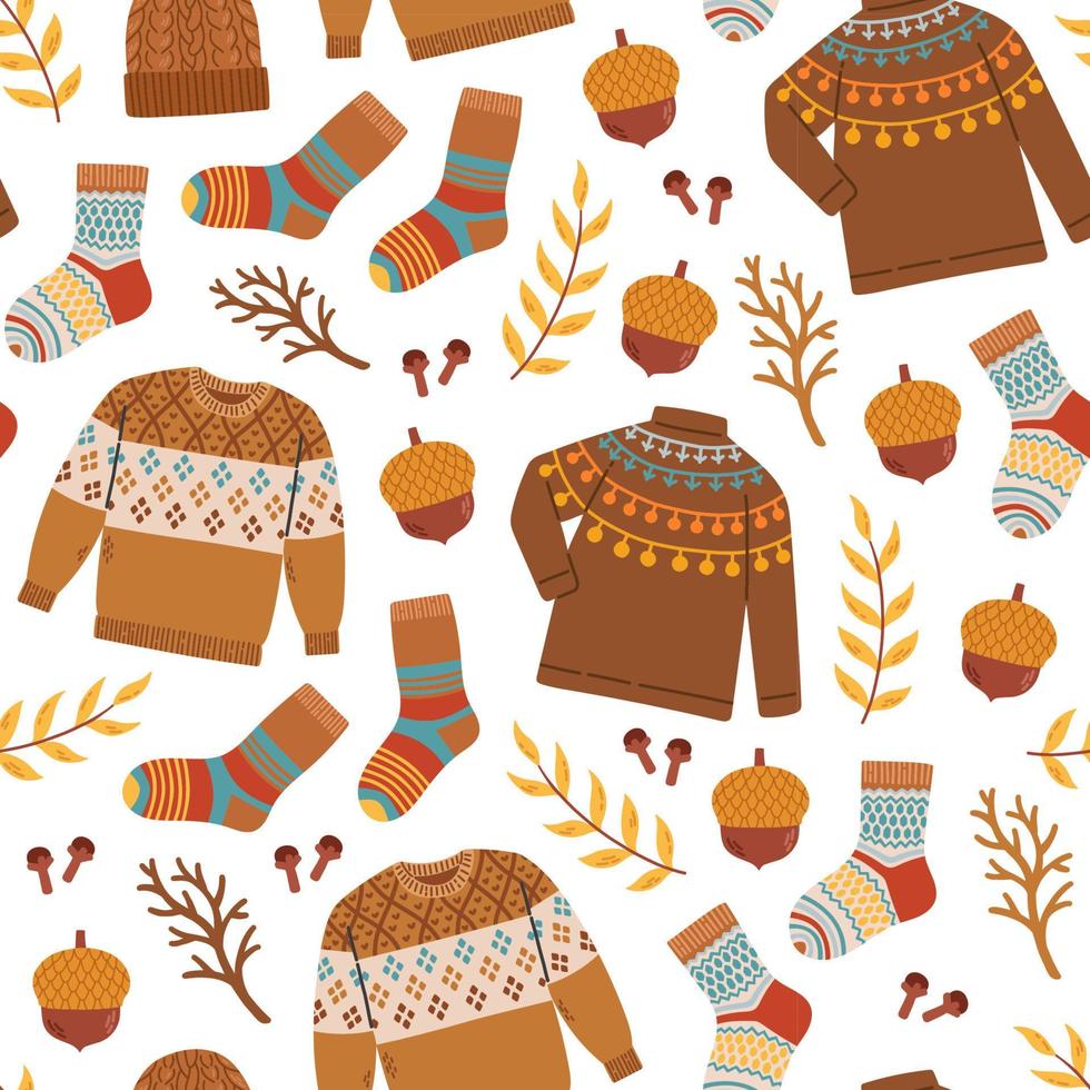 Autumn sweater socks acorn seamless pattern vector illustration