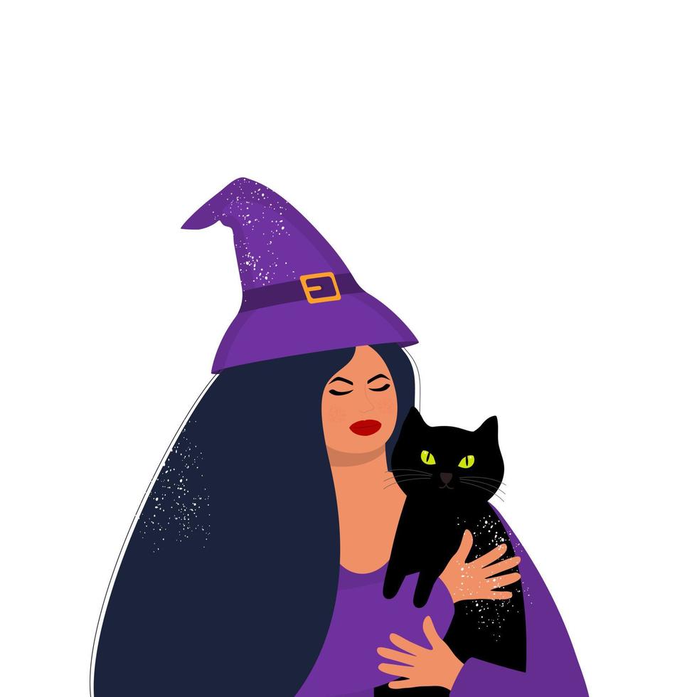 Beautiful woman with a cat for Halloween. vector