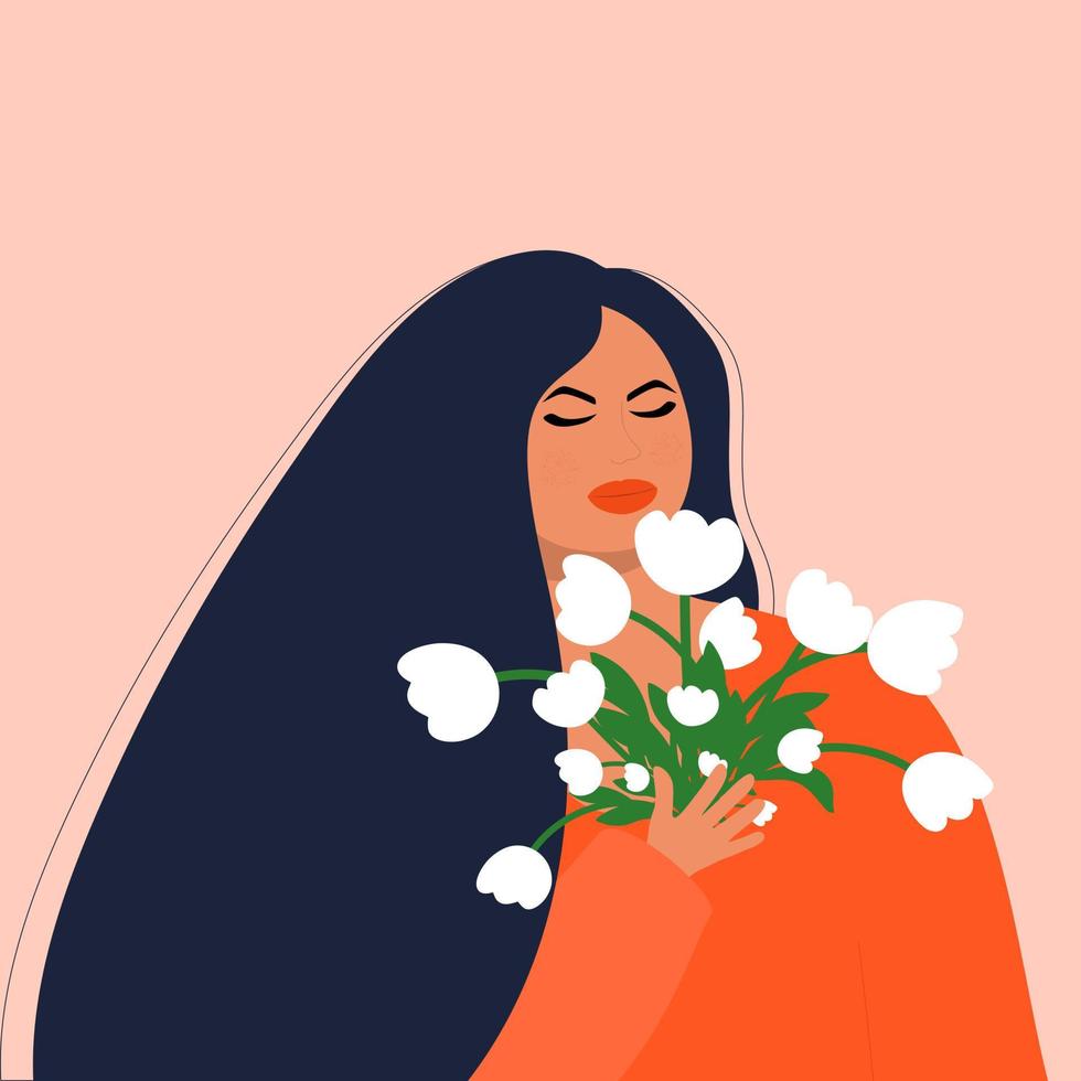 Young woman with flowers in her hands. vector