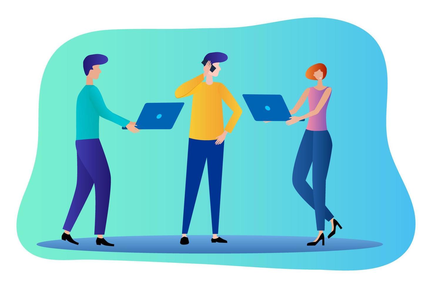 People with laptops.Young businessmen are developing a new project.Flat vector illustration.