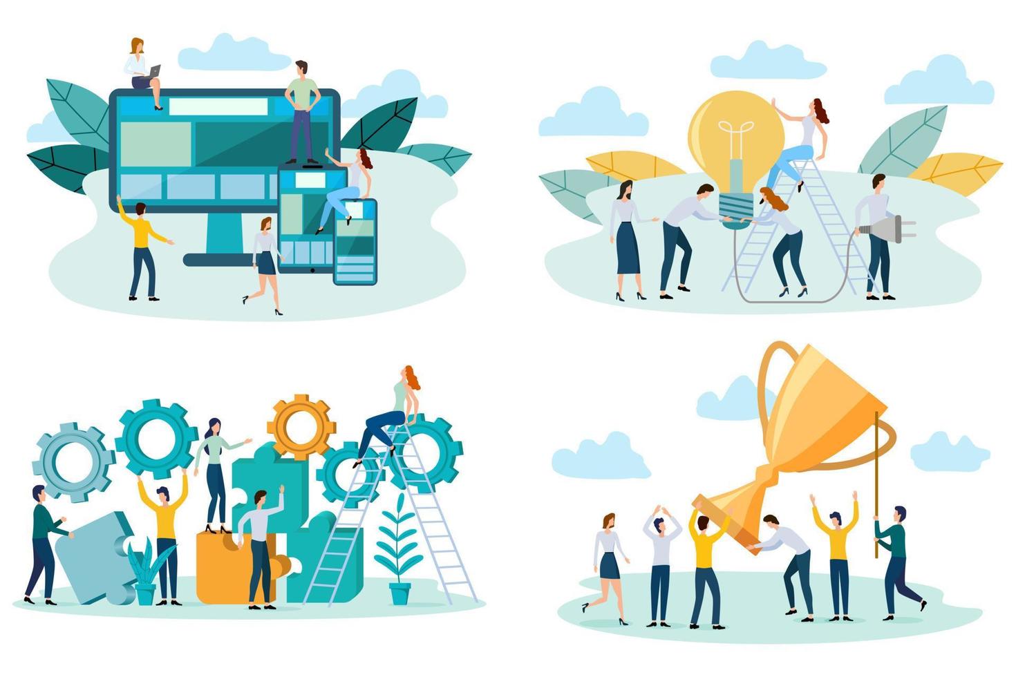 People enjoy success in business, demonstrate adaptive design, show a light bulb and use gears.A set of flat vector illustrations.
