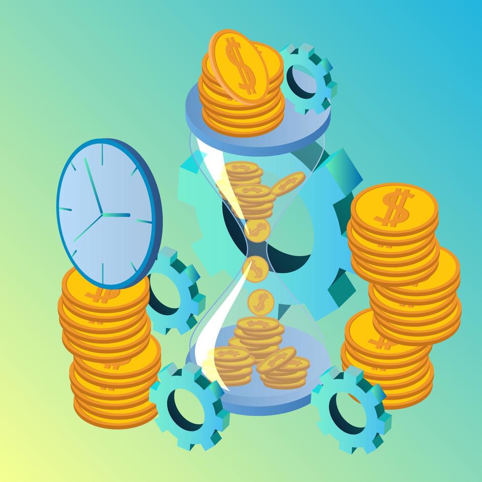 Time-management.An isometric image of an hourglass, clock, and coin.The concept of time control, time is money.Vector illustration. vector