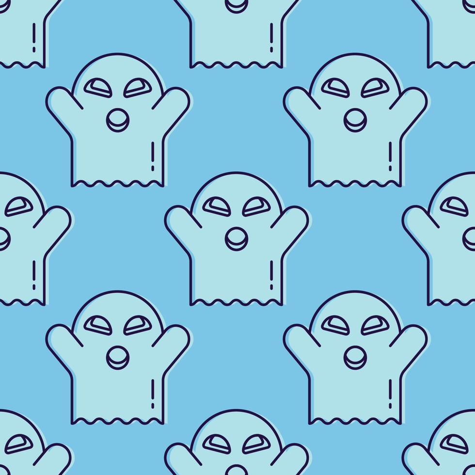 Halloween concept. Vector seamless pattern of ghost on blue background. Suitable for postcards, fabric, textile, wrappers, wallpapers