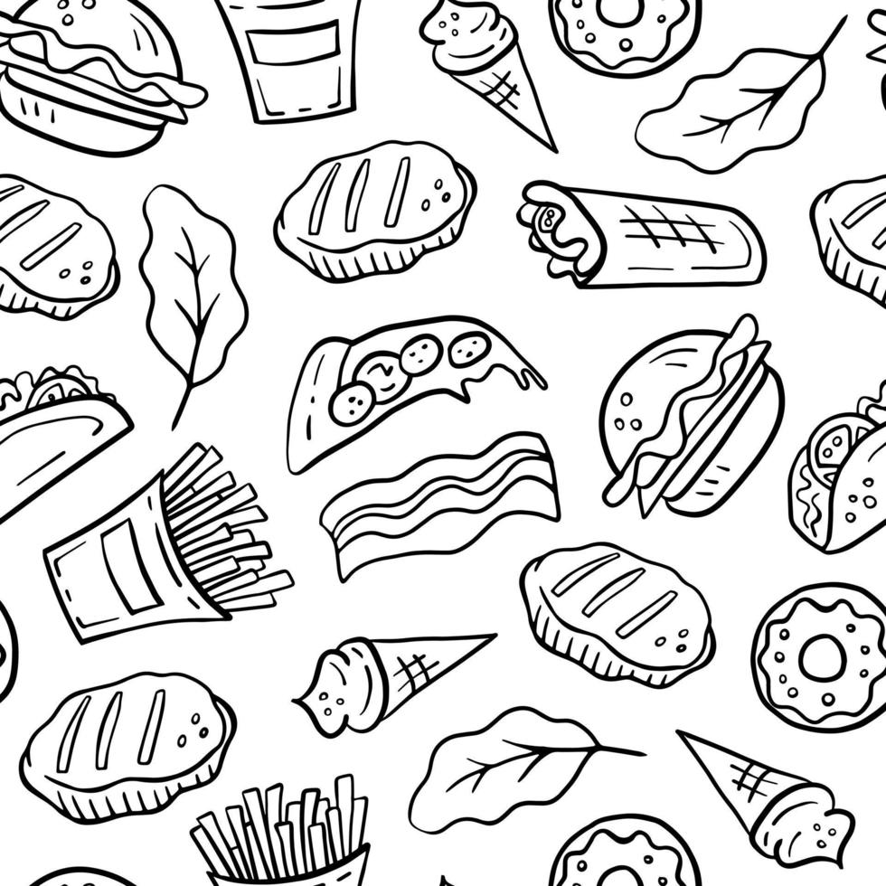 estilo de dibujos animados de doodle de patrones sin fisuras de comida rápida vector