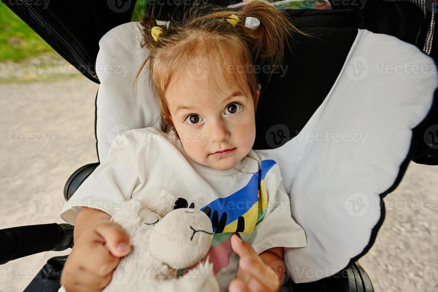 Close up portrait of baby girl hold toy in sitting stroller. photo