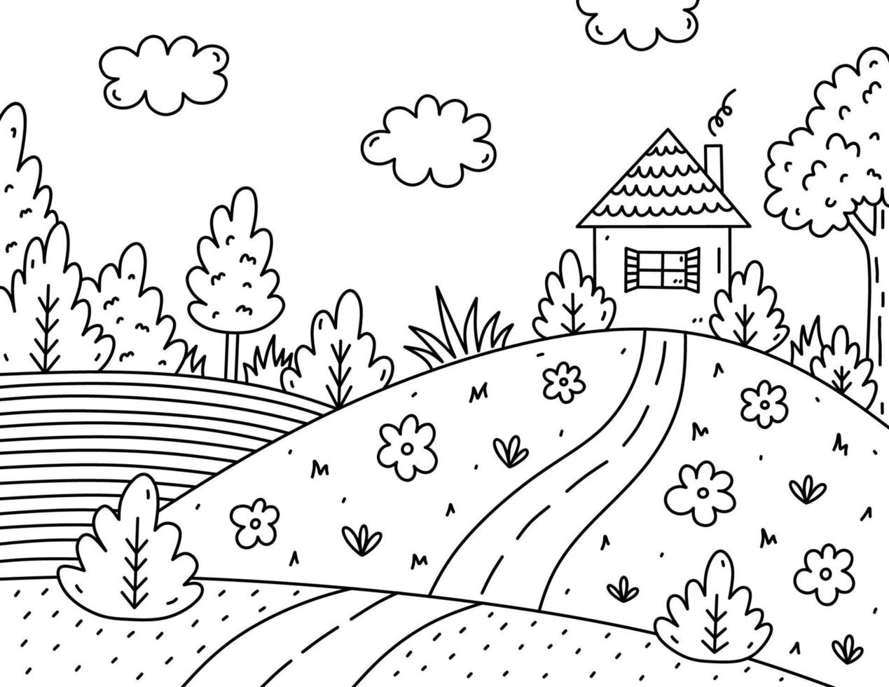 Cute kids coloring page. Landscape with clouds, house, trees, bushes, flowers, field and road. Vector hand-drawn illustration in doodle style. Cartoon coloring book for children.