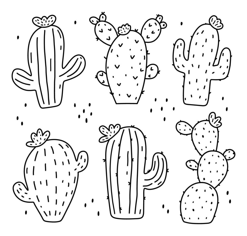 conjunto de lindos cactus aislados sobre fondo blanco. ilustración vectorial dibujada a mano en estilo garabato. perfecto para tarjetas, logo, decoraciones, varios diseños. imágenes prediseñadas botánicas. vector